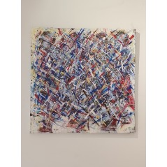Peinture contemporaine, tableau moderne abstrait, acrylique sur toile 100x100cm intitulée: hommes qui marchent striés