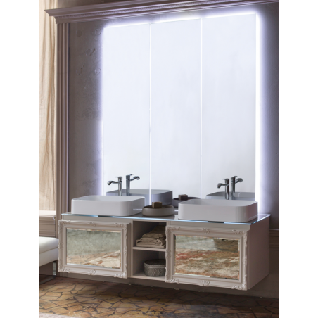 Meuble de salle de bain double vasque de style art-déco, rétro laqué beige mat avec  miroir comp DH16