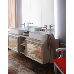 Meuble de salle de bain double vasque de style art-déco, rétro laqué beige mat avec  miroir compx DH16