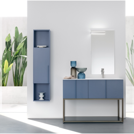 Meuble de salle de bain simple vasque de style contemporain design laqué bleu mat avec  miroir et colonne comp BD013