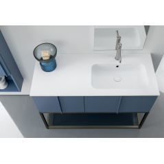 Meuble de salle de bain simple vasque de style contemporain design laqué bleu mat avec  miroir et colonne compx BD013