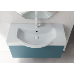 Meuble de salle de bain simple vasque de style contemporain design laqué bleu mat avec miroir et colonne comp BD014