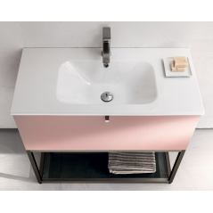 Meuble de salle de bain simple vasque de style contemporain design laqué rose mat avec miroir et colonne comp BD015