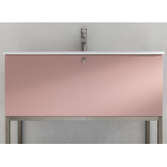 Meuble de salle de bain simple vasque de style contemporain design laqué rose mat avec miroir et colonne comp BD015