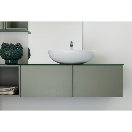 Meuble de salle de bain simple vasque de style contemporain design laqué vert mat avec miroir et colonne compx BD012