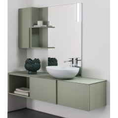 Meuble de salle de bain simple vasque de style contemporain design laqué vert mat avec miroir et colonne comp BD012