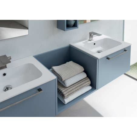Meuble de salle de bain double vasque de style contemporain design laqué bleu mat avec 2 miroirs et étagères compx BD016
