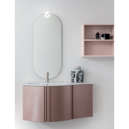 Meuble de salle de bain simple vasque arrondi de style contemporain design laqué rose mat avec 1 miroir et armoire compx BD025