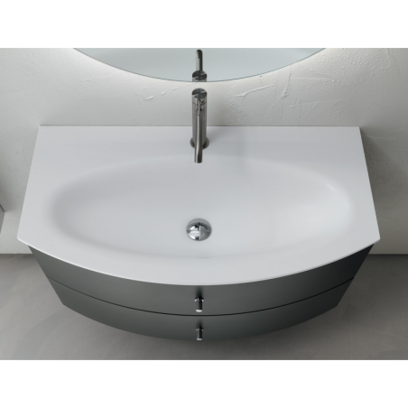 Meuble de salle de bain simple vasque arrondi de style contemporain laqué aluminium mat avec 1 miroir et armoire compx BD027