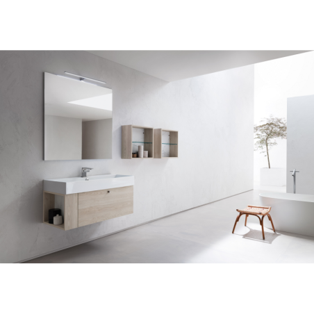 Meuble de salle de bain simple vasque de style contemporain mélaminé bois clair avec 1 miroir et armoires compx BD005