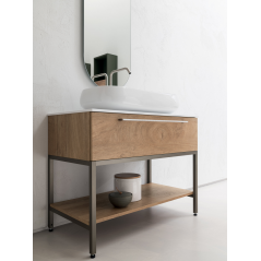 Meuble de salle de bain simple vasque de style contemporain mélaminé bois naturel avec 1 miroir et armoires comp BD010