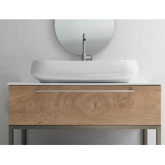 Meuble de salle de bain simple vasque de style contemporain mélaminé bois naturel avec 1 miroir et armoires comp BD010