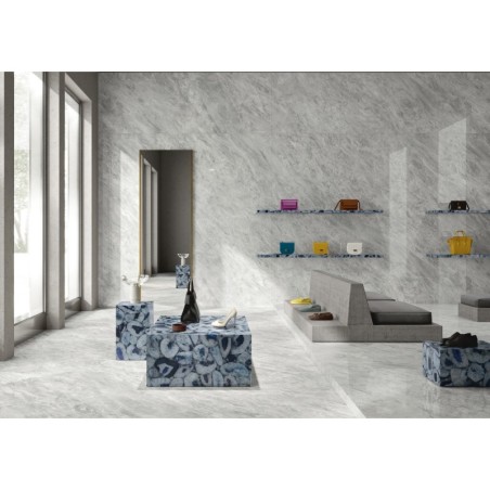 Carrelage imitation marbre gris poli brillant, faible épaisseur 6mm, 75x75cm et 75x150cm sol et mur ariosbardiglio chiaro