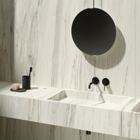 Carrelage imitation marbre gris poli brillant, faible épaisseur 6mm, 75x75cm et 75x150cm sol et mur arioscremo delicato