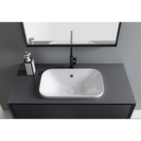 Meuble de salle de bain simple vasque de style contemporain melaminé perle avec 1 miroir et étagère comp BD004