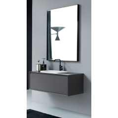 Meuble de salle de bain simple vasque de style contemporain melaminé perle avec 1 miroir et étagère compx BG51A