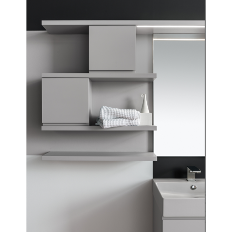 Meuble de salle de bain simple vasque de style contemporain laqué gris clair mat avec 1 miroir et étagère compx BG41A