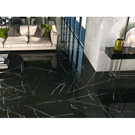 Carrelage imitation marbre noir veiné de blanc poli brillant, salon, XXL 98x98cm rectifié,  Porce1815