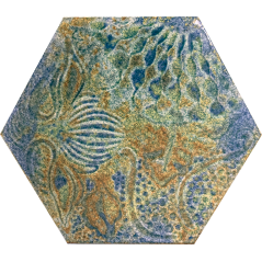 Carrelage décor hexagonal fond bleu et vert satiné décor brillant 25x22cm Dif gaudi ocean