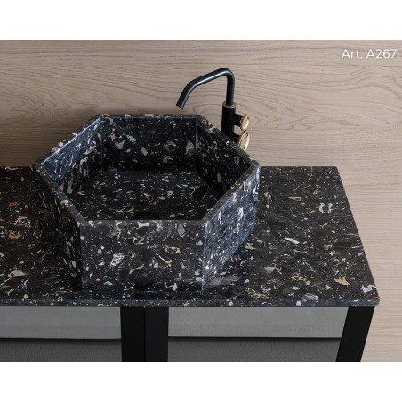 Vasque en marbre noir portoro hexagonale à poser sans trop-plein 51x44x18cm comp bee A267