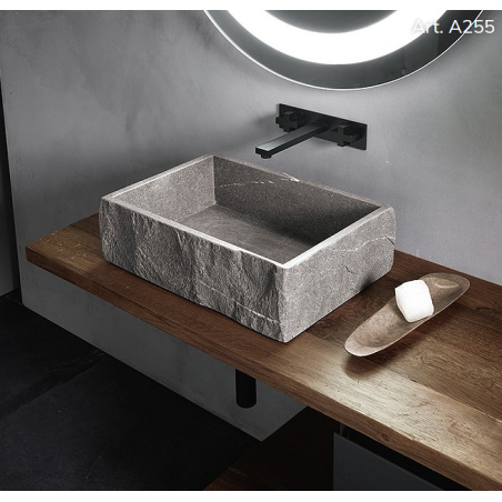 Vasque en pierre piasentina grise rectangulaire à poser sans trop-plein 65x36x15cm comp tina A255