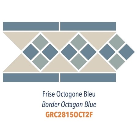 Frise en grès cérame pleine masse pour octogone 10x10cm blanc cassé mat avec cabochon bleu sur trame 28x15cm Dif