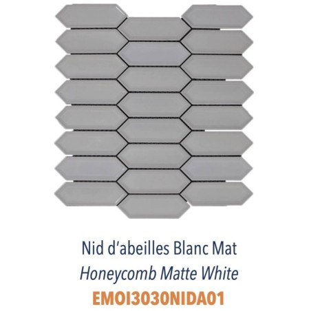 Mosaique mini navette 3.5x11cm en relief blanc mat sur trame 30,5x30.5x0.8cm Dif nid d'abeille