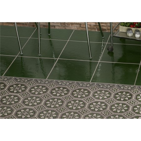 Carrelage imitation carreau ciment art-déco vert mat octogone 17x17cm et cabochon 7x7cm sur trame, natucottoalaverde