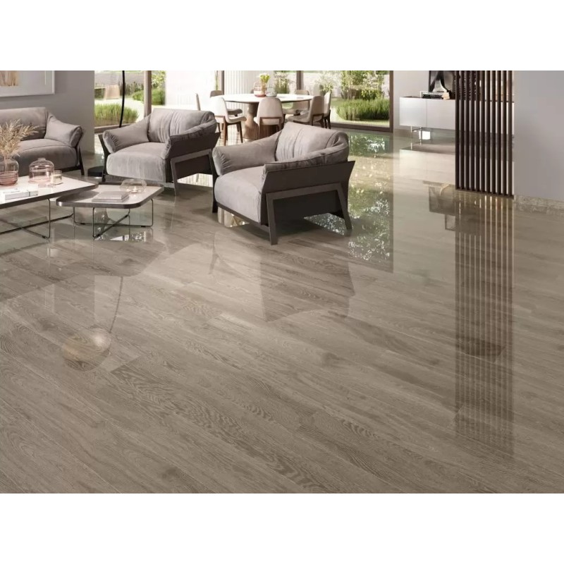 Carrelage imitation parquet chêne gris poli brillant, longue lame, cérusé, 20.5x147.5cm rectifié,  Porce6647 fresno