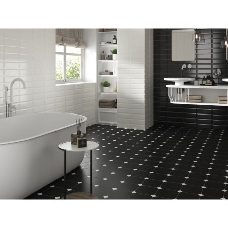 Carrelage salle de bain octogone noir mat 20x20cm avec cabochon noir ou blanc 4.6x4.6cm pasicocto noir