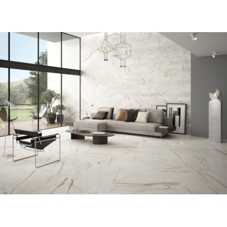 Carrelage imitation marbre blanc et or mat rectifié 60x120cm, 90x90cm, 15x120cm dureviena gold