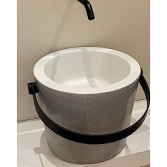 Vasque seau décoré blanc brillant avec point noir et anse porte serviette noire diamètre: 30cm, scarbucket 30 8801