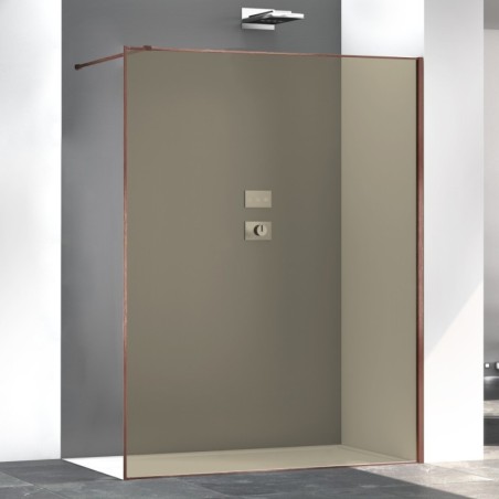 Paroi de douche fixe couleur bronze anti-calcaire, profilé cuivre brossé satiné, hauteur 200cm largeur variable megzen sao