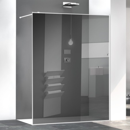 Paroi de douche fixe en verre gris réfléchissant, profilé blanc mat, hauteur 200cm largeur variable megzen sao
