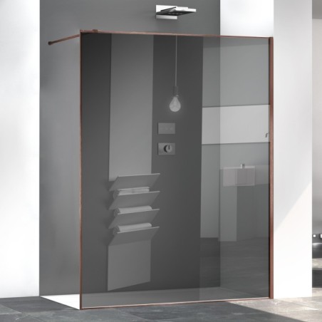 Paroi de douche fixe en verre gris réfléchissant, profilé cuivre brossé satiné, hauteur 200cm largeur variable megxzen sao