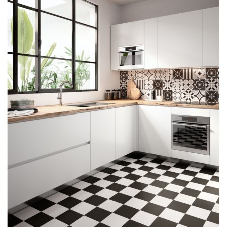 Carrelage patchwork damier noir et blanc mat imitation carreau ciment contemporain 20x20cm rectifié, R10