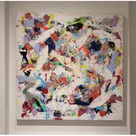 Peinture contemporaine, tableau moderne figuratif, acrylique sur toile 100x100cm intitulée: poissons blanc 3
