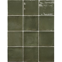 Carrelage effet zellige marocain vert olive brillant nuancé fait main 10x10cm et 6.5x20cm apeseville green