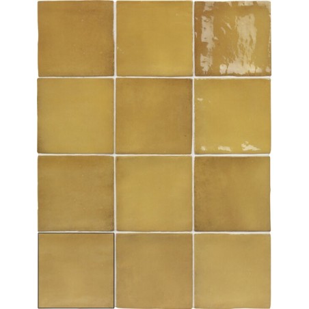 Carrelage effet zellige marocain jaune ocre brillant nuancé fait main 10x10cm et 6.5x20cm apegseville honey