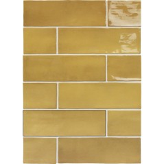 Carrelage effet zellige marocain jaune ocre brillant nuancé fait main 10x10cm et 6.5x20cm apeseville honey