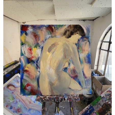 Peinture contemporaine, tableau moderne de nu figuratif, acrylique sur toile 100x100cm intitulée: femme assise de dos