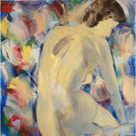 Peinture contemporaine, tableau moderne de nu figuratif, acrylique sur toile 100x100cm intitulée: femme fleur.