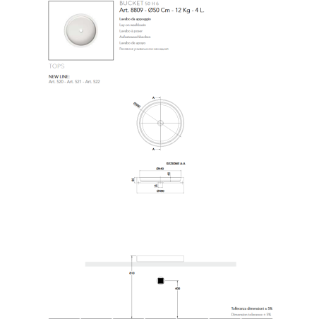 Vasque plate ronde en céramique émaillée blanc brillant diamètre: 50cm hauteur 6cm, scaxbucket 8809