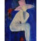 Peinture contemporaine, tableau moderne de nu figuratif, acrylique sur toile 116x89cm intitulée: femme au chapeau rose