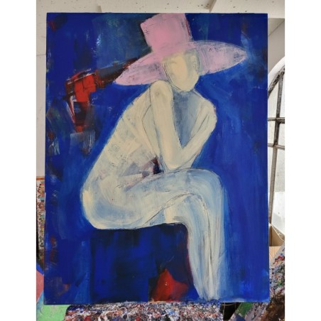 Peinture contemporaine, tableau moderne de nu figuratif, acrylique sur toile 116x89cm intitulée: femme au chapeau rose