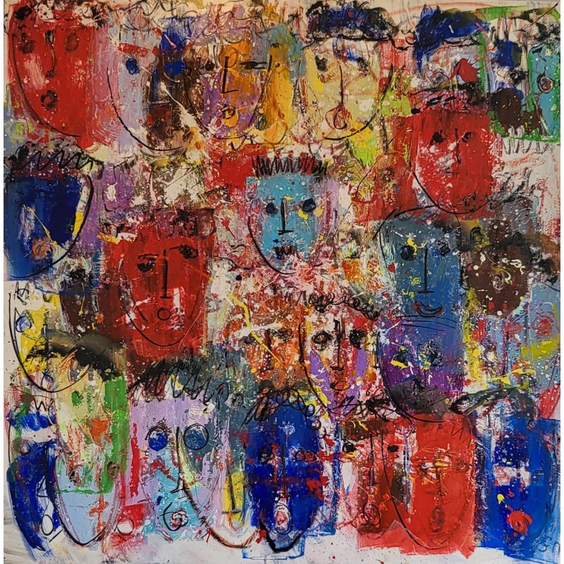 Peinture contemporaine, tableau moderne figuratif, acrylique sur toile 100x100cm intitulée: multitetes colorées 2.
