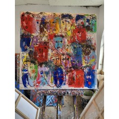 Peinture contemporaine, tableau moderne figuratif, acrylique sur toile 100x100cm intitulée: multitetes colorées 2.