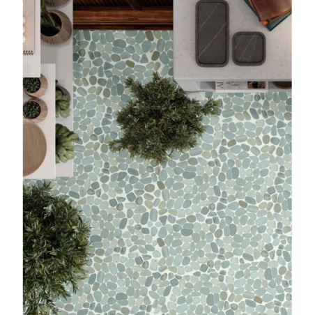 Galet rond scié plat bleu vert sur trame 30x30x1cm, mox sliced lombok, pour la salle de bains