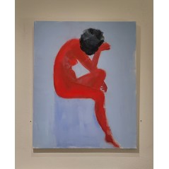 Peinture contemporaine, tableau moderne de nu figuratif, acrylique sur toile 100x82cm intitulée: femme en rouge