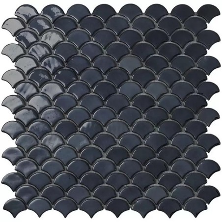 Emaux de verre écaille de poisson noir brillant 36x29mm sur trame 30x30cm, sol et mur vdxsoul 6005S
